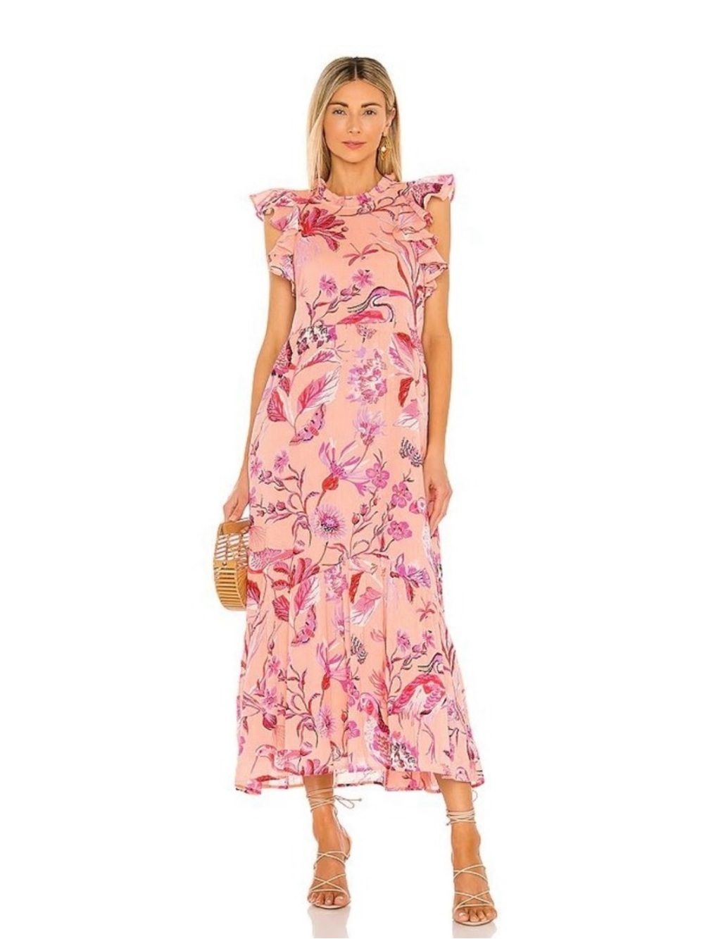 Banjanan Hanna Ruffle Sleeve Cotton Maxi Dress Jubilee Apricot Blush Size Small